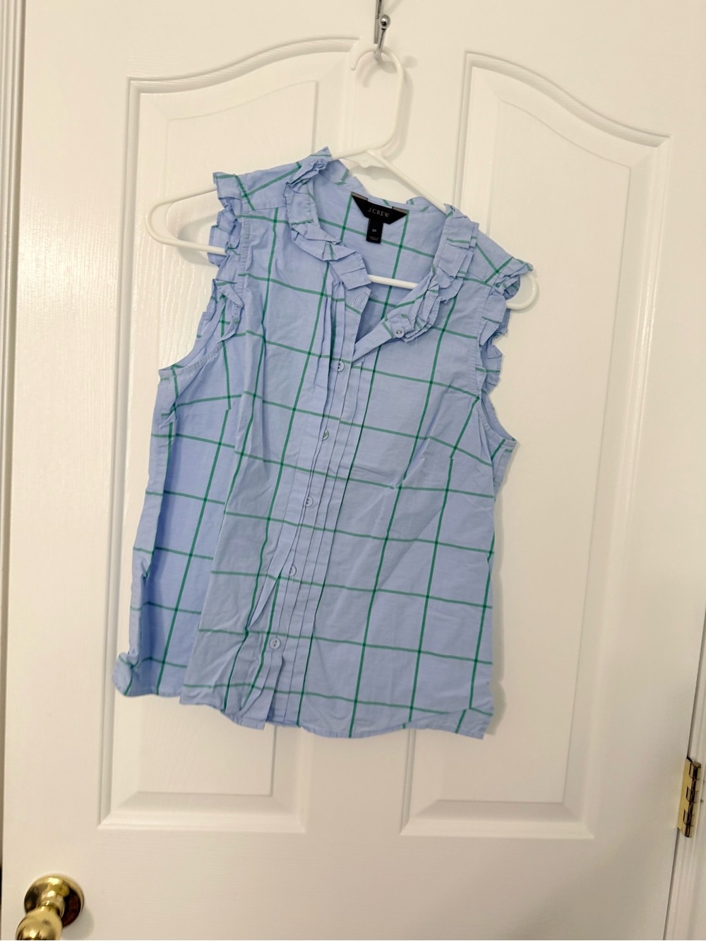 J. Crew Light Blue Sleeveless Ruffle Windowpane Blouse